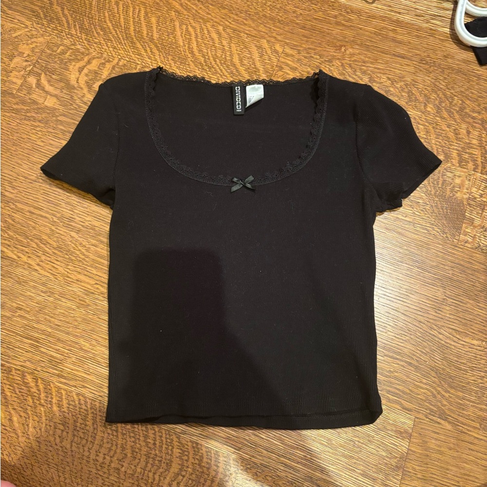 Divided Black Short Sleeve Tee Lace Trim Black Bow